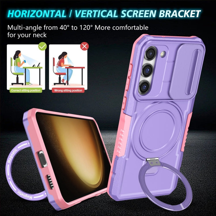 For Samsung Galaxy S23+ 5G Sliding Camshield Magsafe Holder TPU Hybrid PC Phone Case(Pink Purple)