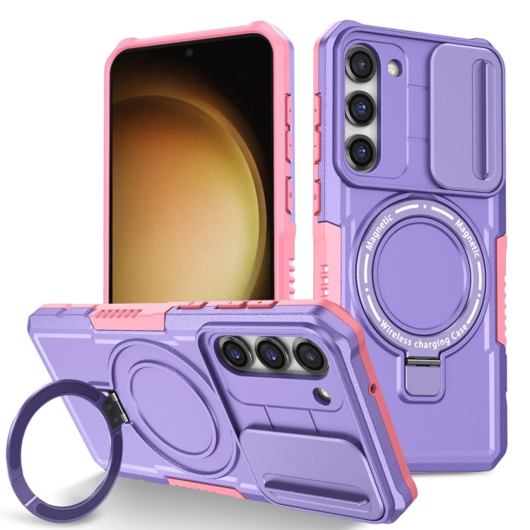 For Samsung Galaxy S23 5G Sliding Camshield Magsafe Holder TPU Hybrid PC Phone Case(Pink Purple)