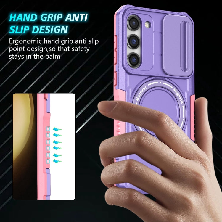 For Samsung Galaxy S23 5G Sliding Camshield Magsafe Holder TPU Hybrid PC Phone Case(Pink Purple)
