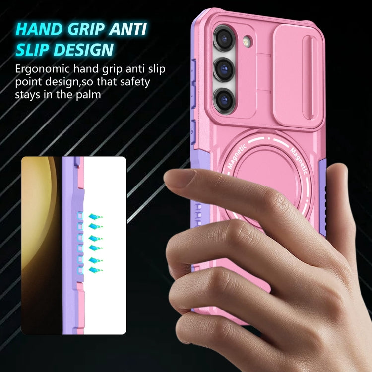 For Samsung Galaxy S23 5G Sliding Camshield Magsafe Holder TPU Hybrid PC Phone Case(Purple Pink)