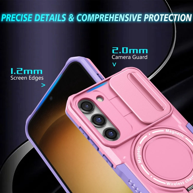 For Samsung Galaxy S23 5G Sliding Camshield Magsafe Holder TPU Hybrid PC Phone Case(Purple Pink)