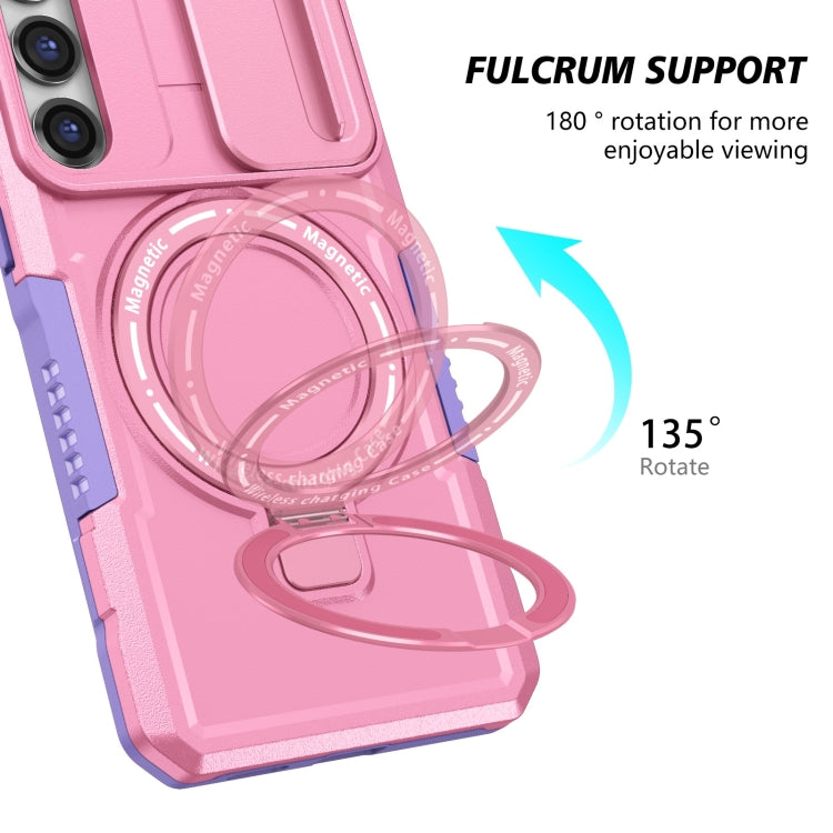 For Samsung Galaxy S23 5G Sliding Camshield Magsafe Holder TPU Hybrid PC Phone Case(Purple Pink)