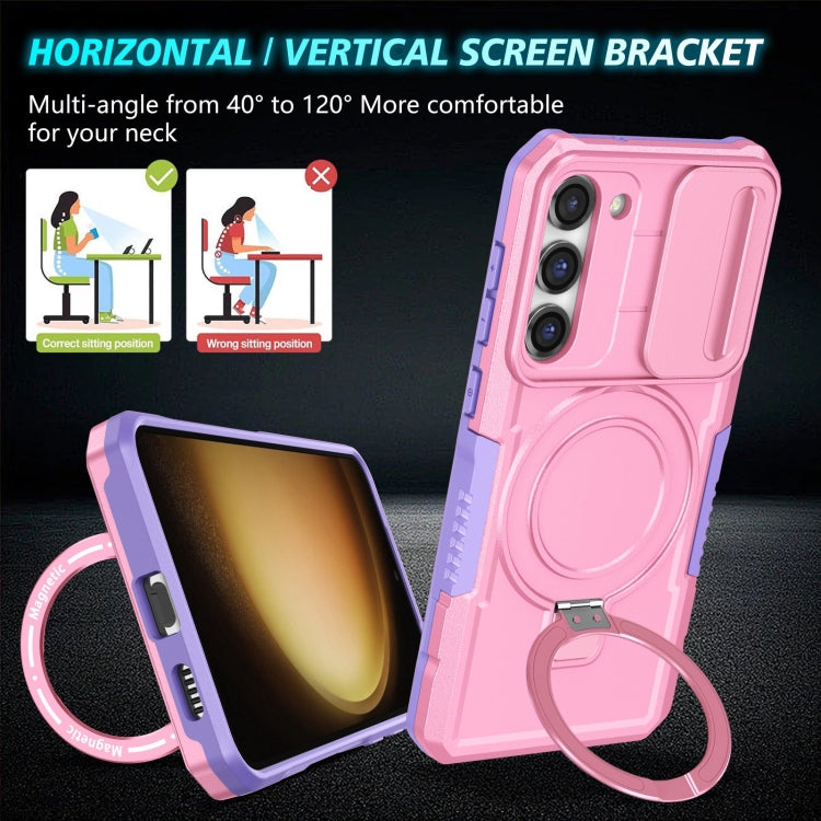 For Samsung Galaxy S23 5G Sliding Camshield Magsafe Holder TPU Hybrid PC Phone Case(Purple Pink)