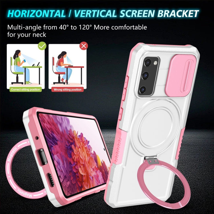 For Samsung Galaxy S20 FE Sliding Camshield Magsafe Holder TPU Hybrid PC Phone Case(Pink White)