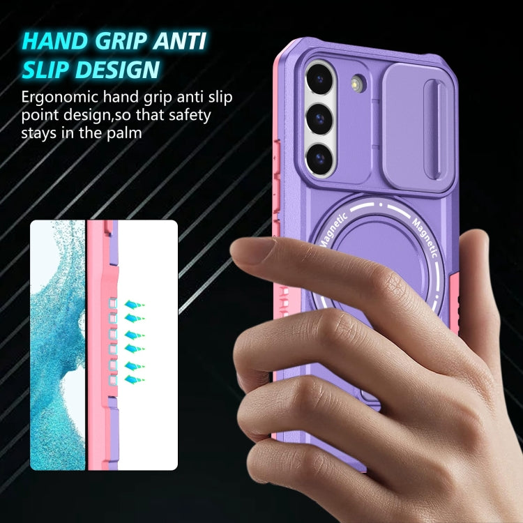 For Samsung Galaxy S22 5G Sliding Camshield Magsafe Holder TPU Hybrid PC Phone Case(Pink Purple)