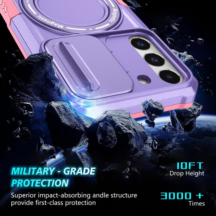 For Samsung Galaxy S22 5G Sliding Camshield Magsafe Holder TPU Hybrid PC Phone Case(Pink Purple)