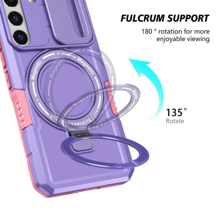 For Samsung Galaxy S22 5G Sliding Camshield Magsafe Holder TPU Hybrid PC Phone Case(Pink Purple)