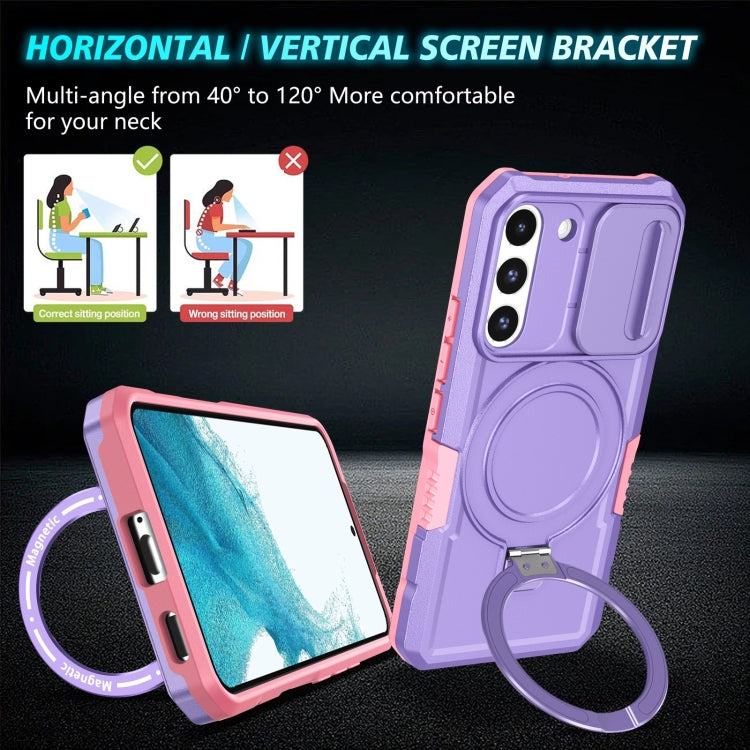 For Samsung Galaxy S22 5G Sliding Camshield Magsafe Holder TPU Hybrid PC Phone Case(Pink Purple)