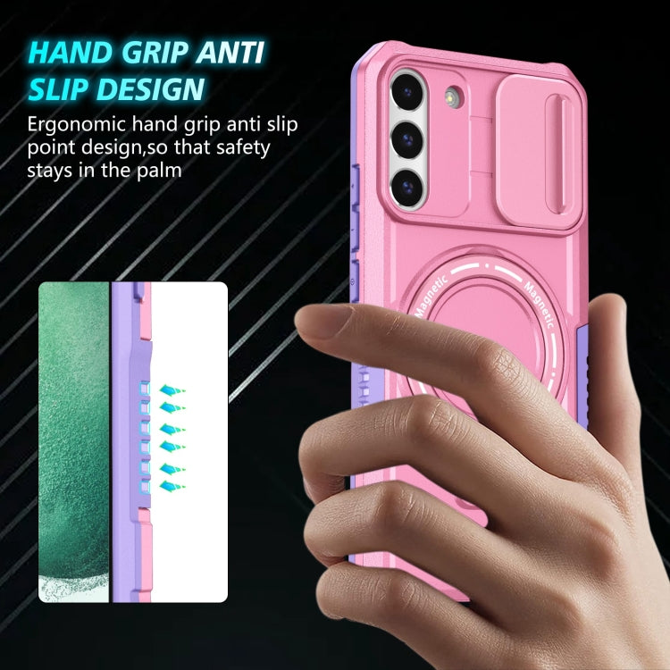 For Samsung Galaxy S22+ 5G Sliding Camshield Magsafe Holder TPU Hybrid PC Phone Case(Purple Pink)