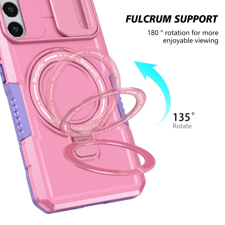 For Samsung Galaxy S22+ 5G Sliding Camshield Magsafe Holder TPU Hybrid PC Phone Case(Purple Pink)