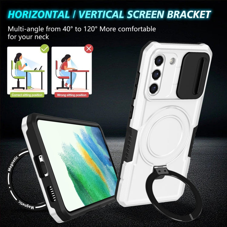 For Samsung Galaxy S21 FE 5G Sliding Camshield Magsafe Holder TPU Hybrid PC Phone Case(Black White) - Galaxy Phone Cases by PMC TechLife | Online Shopping South Africa | PMC TechLife