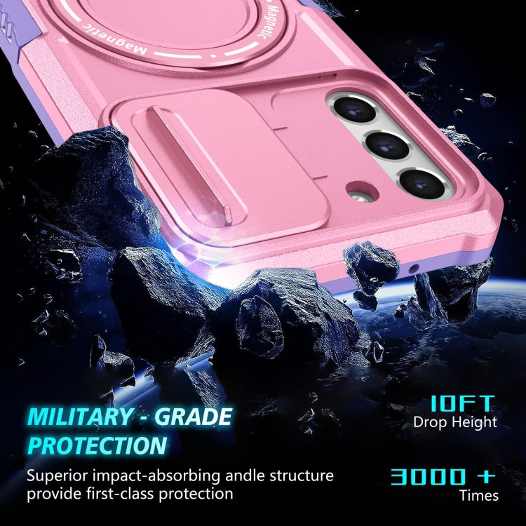 For Samsung Galaxy S21 FE 5G Sliding Camshield Magsafe Holder TPU Hybrid PC Phone Case(Purple Pink)