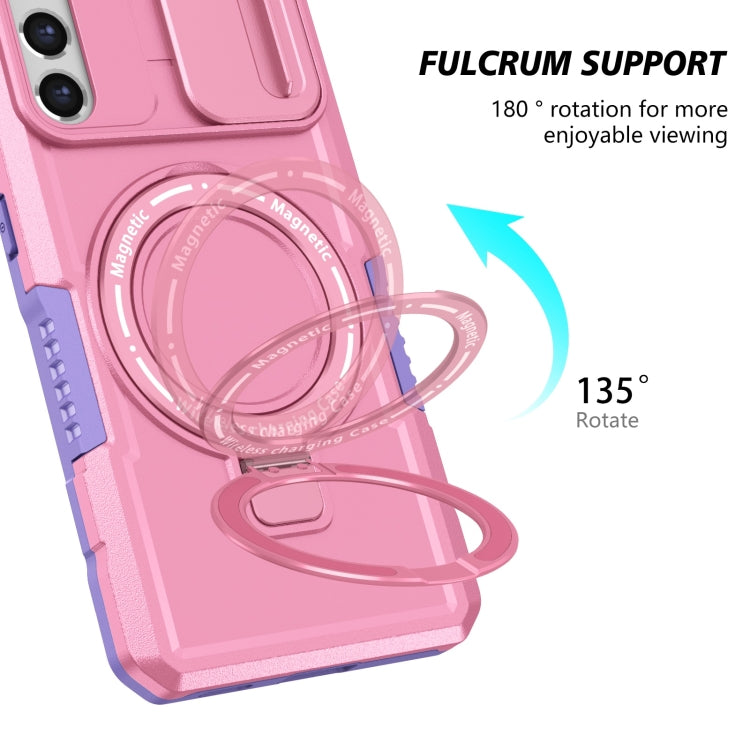 For Samsung Galaxy S21 FE 5G Sliding Camshield Magsafe Holder TPU Hybrid PC Phone Case(Purple Pink)