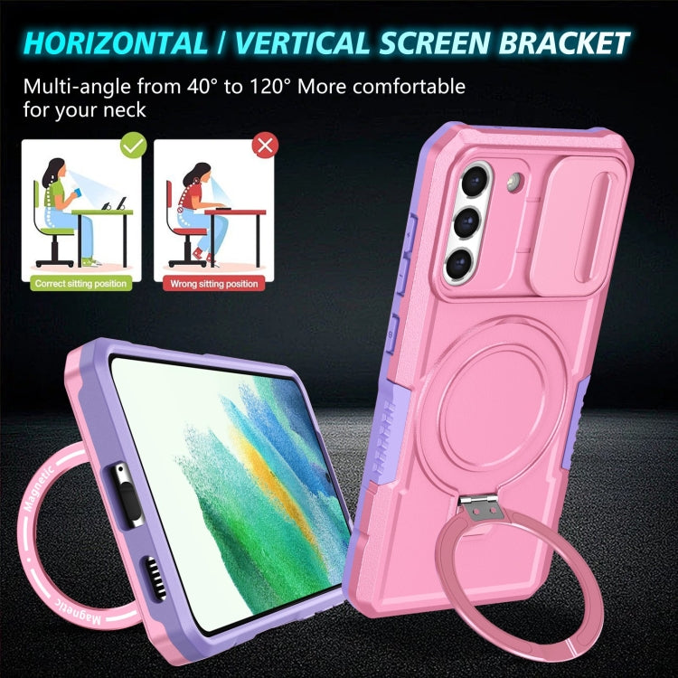 For Samsung Galaxy S21 FE 5G Sliding Camshield Magsafe Holder TPU Hybrid PC Phone Case(Purple Pink)