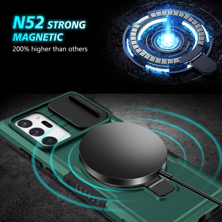 For Samsung Galaxy Note20 Ultra Sliding Camshield Magsafe Holder TPU Hybrid PC Phone Case(Deep Green)