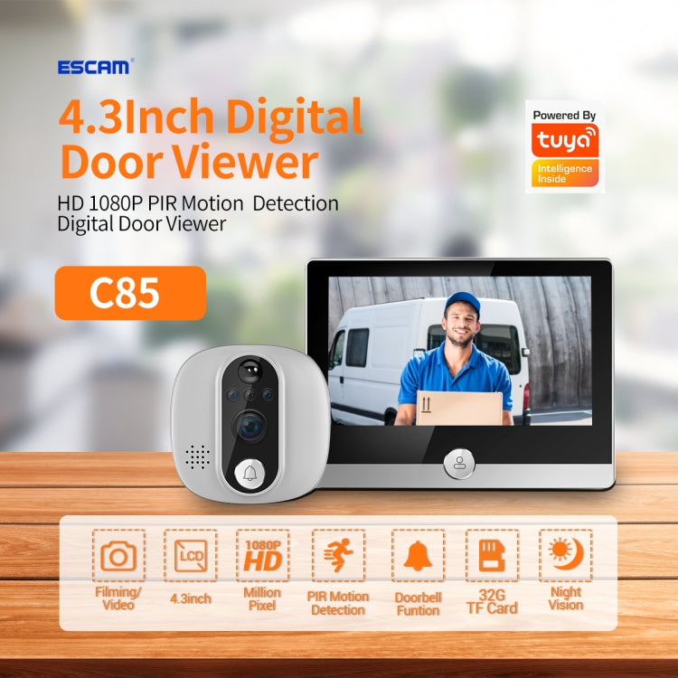 ESCAM C85 1080P 4.3 inch Smart WIFI Digital Door Viewer Supports Wide-Angle PIR & Night Vision & Dingdong Photo(White) - free shipping - PMC Jewellery - Order now!