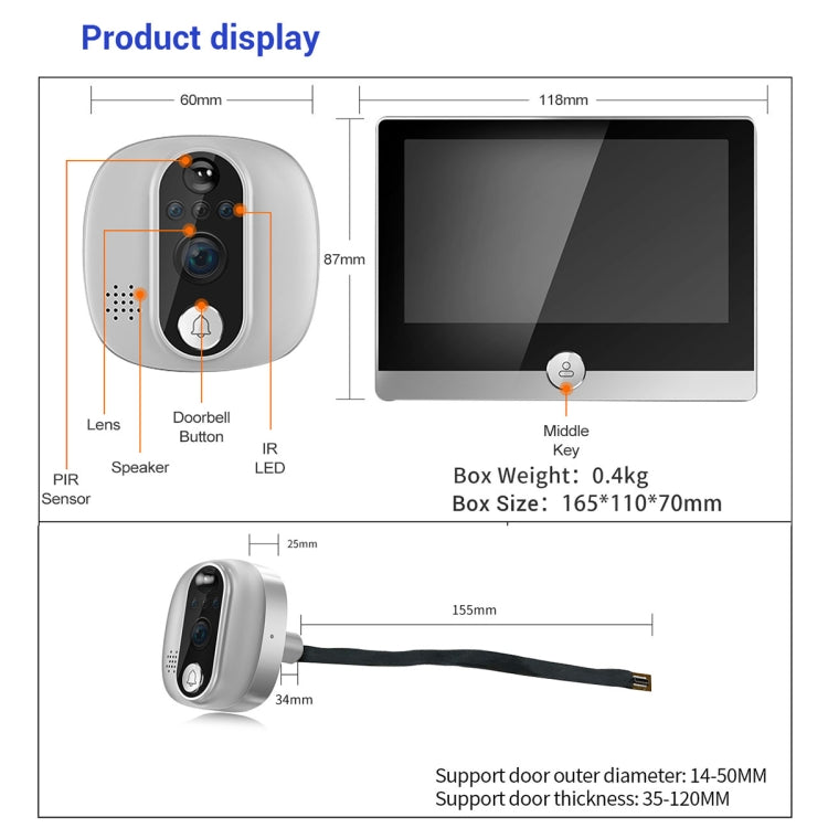 ESCAM C85 1080P 4.3 inch Smart WIFI Digital Door Viewer Supports Wide-Angle PIR & Night Vision & Dingdong Photo(White) - free shipping - PMC Jewellery - Order now!