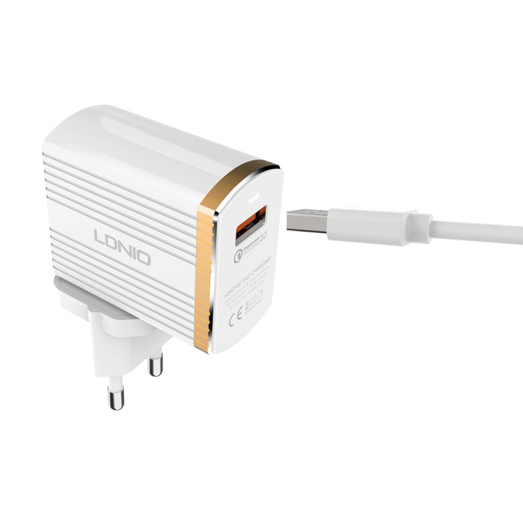 LDNIO A1302Q 2 in 1 18W QC3.0 USB Interface Grid Shape Travel Charger Mobile Phone Charger with 8 Pin Data Cable, EU Plug