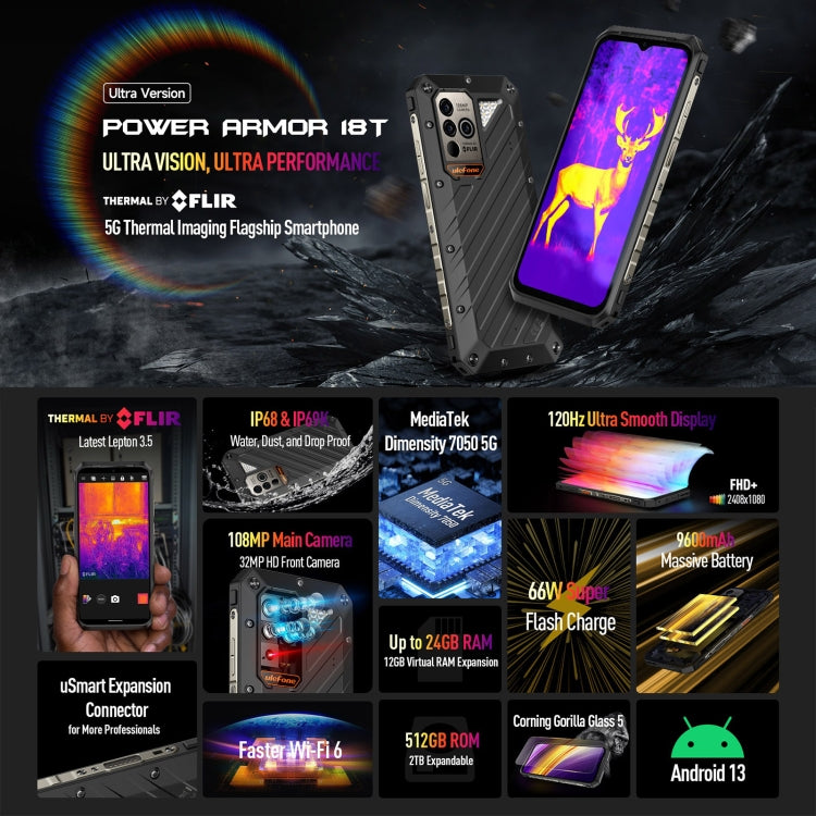 Ulefone Power Armor 18T Ultra Version 5G Thermal Imaging Rugged Phone, 12GB+512GB, Side Fingerprint, 6.58 inch Android 13 MediaTek Dimensity 7050 Octa Core up to 2.6GHz, Network: 5G, NFC, OTG(Black) - free shipping - PMC Jewellery - Order now!