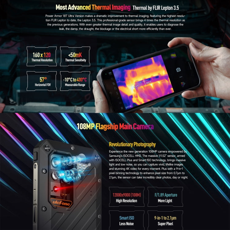 Ulefone Power Armor 18T Ultra Version 5G Thermal Imaging Rugged Phone, 12GB+512GB, Side Fingerprint, 6.58 inch Android 13 MediaTek Dimensity 7050 Octa Core up to 2.6GHz, Network: 5G, NFC, OTG(Black) - free shipping - PMC Jewellery - Order now!