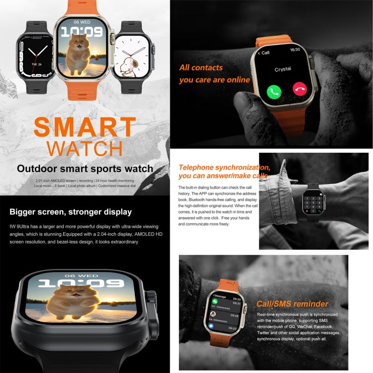 iW9 Ultra 2.04 inch Screen Smart Call Watch, BT Call / Heart Rate / Blood Pressure / Blood Oxygen(Grey Gold)