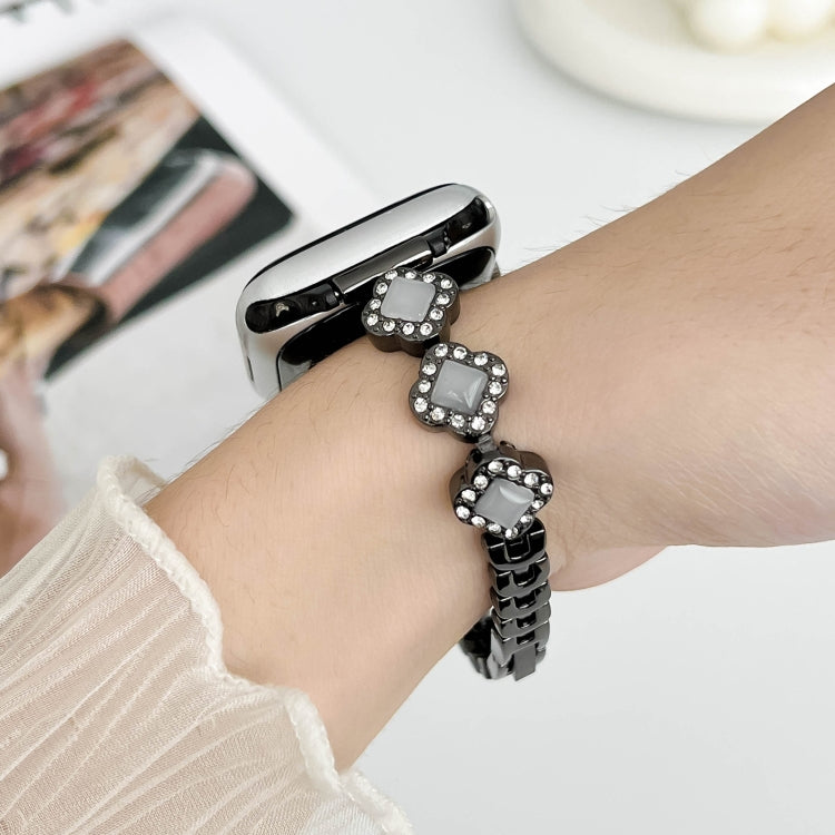 For Apple Watch Ultra 49mm Diamond Four-leaf Clover Metal Chain Watch Band(Black)
