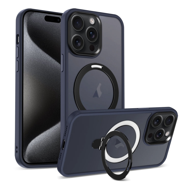 For iPhone 15 Pro Max Skin-feel MagSafe Holder PC Hybrid TPU Phone Case(Dark Blue)