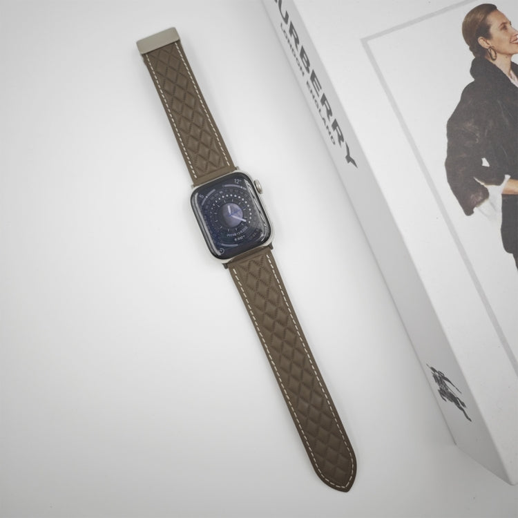 For Apple Watch Series 9 41mm Rhombus Pattern Magnetic Folding Buckle Leather Watch Band(Brown)