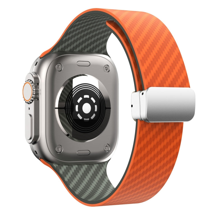 For Apple Watch Series 6 44mm Carbon Fiber Magnetic Silver Buckle Watch Band(Orange Grass)