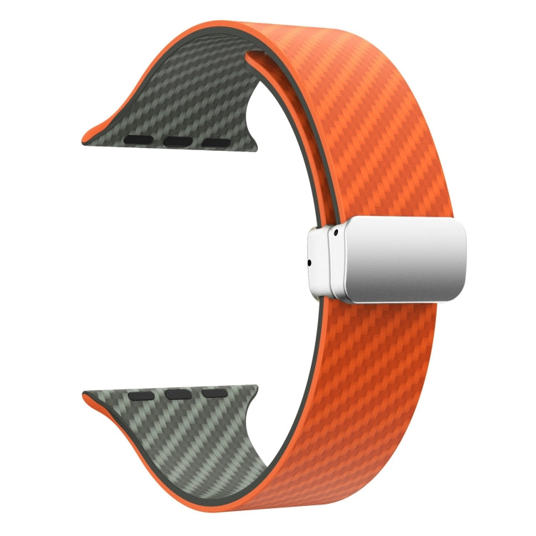 For Apple Watch Series 6 44mm Carbon Fiber Magnetic Silver Buckle Watch Band(Orange Grass)