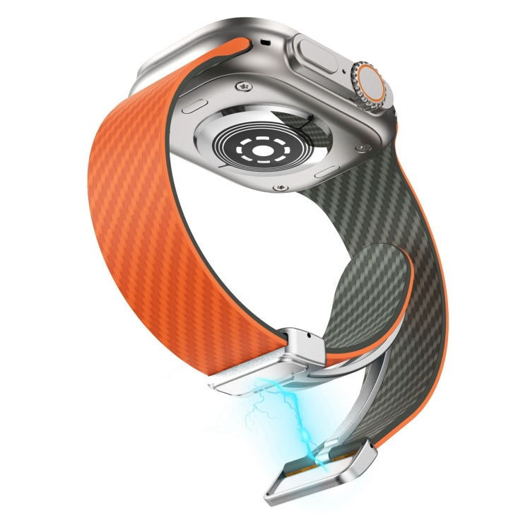 For Apple Watch Series 6 44mm Carbon Fiber Magnetic Silver Buckle Watch Band(Orange Grass)