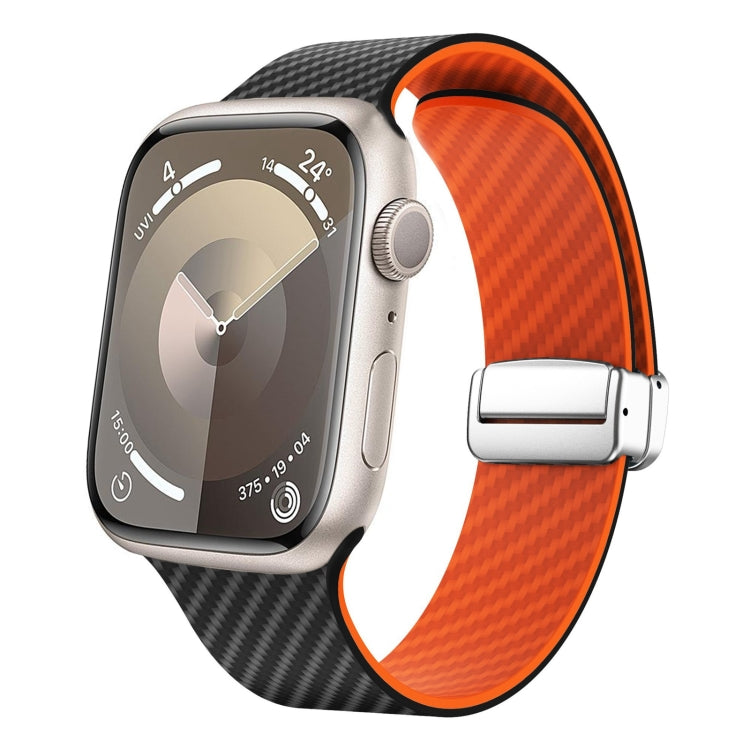 For Apple Watch Series 5 44mm Carbon Fiber Magnetic Silver Buckle Watch Band(Black Orange)