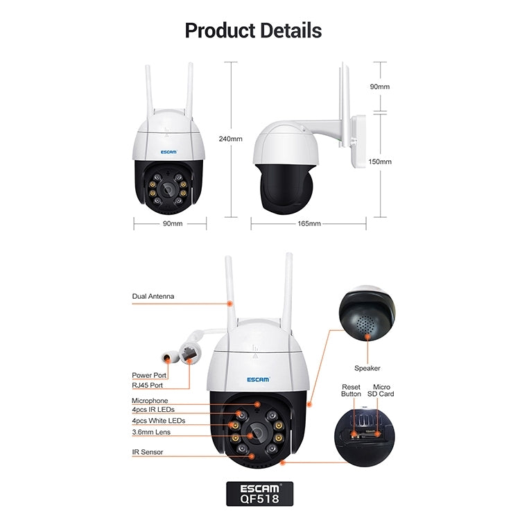 ESCAM QF518 5MP Smart WiFi IP Camera, Support AI Humanoid Detection / Auto Tracking / Dual Light Night Vision / Cloud Storage / Two Way Audio / TF Card, Plug:EU Plug(White) - free shipping - PMC Jewellery - Order now!