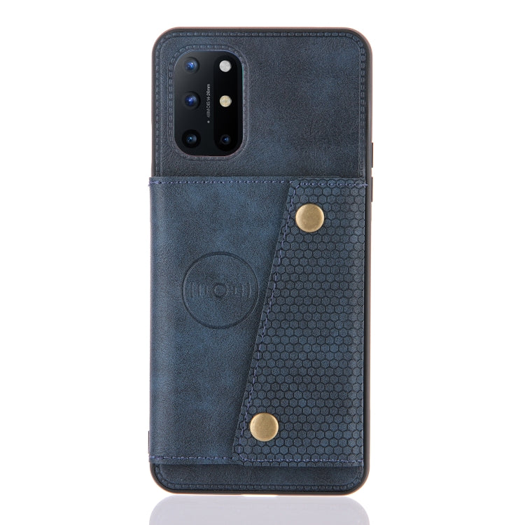 For OnePlus 8T Double Buckle PU + TPU Shockproof Magnetic Protective Case with Card Slots & Holder(Blue)
