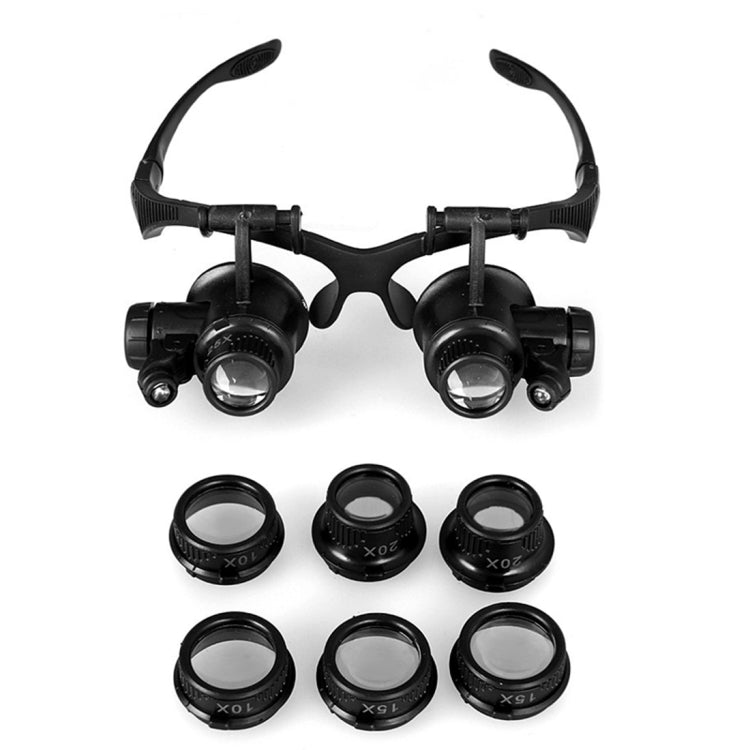 10X 15X 20X 25X Double Eye Glasses Lens Jeweler Watch Repair Head Magnifier with 2 LED Lights(Black) - free shipping - PMC Jewellery - Order now!