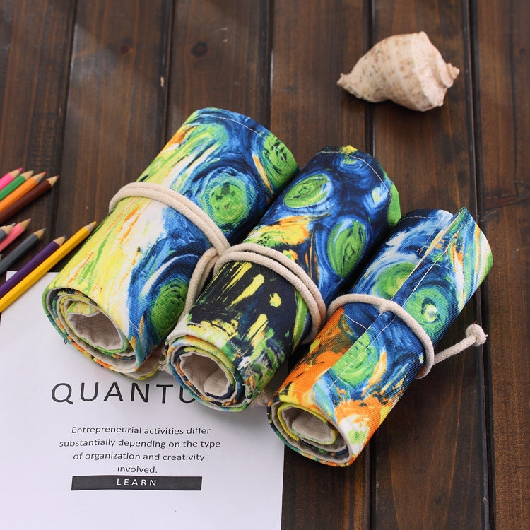 48 Slots Van Gogh Oil Painting Print Pen Bag Canvas Pencil Wrap Curtain Roll Up Pencil Case Stationery Pouch - free shipping - PMC TechLife - Order now!