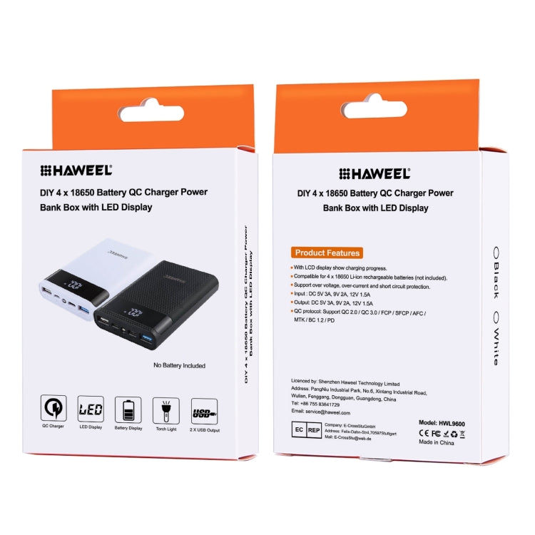 HAWEEL DIY 4x 18650 Battery (Not Included) 12000mAh Dual-way QC Charger Power Bank Shell Box with 2x USB Output & Display, Support QC 2.0 / QC 3.0 / FCP / SFCP / AFC / MTK / BC 1.2 / PD(Black) - Power Bank Box by HAWEEL | Online Shopping South Africa | PMC TechLife | Buy Now Pay Later Mobicred