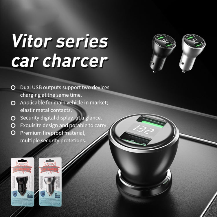 REMAX RCC106 Vitor Series 3.4A Dual USB Interface Car Charger with Digital Display(Silver) - Car Charger by REMAX | Online Shopping South Africa | PMC TechLife | Buy Now Pay Later Mobicred