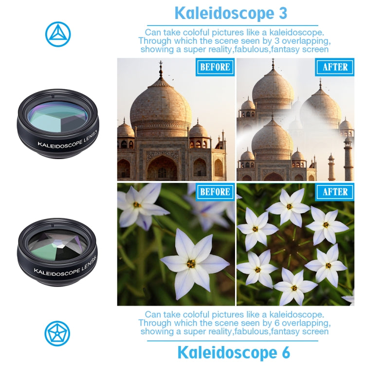 APEXEL APL-DG10 Macro Wide-angle Fisheye Telephoto CPL Flow Filter Radial Filter Star Filter Kaleidoscope 3 & 6 Lens Kit, For iPhone, Samsung, Huawei, Xiaomi, HTC and Other Smartphones, Ultra-thin Digital Camera