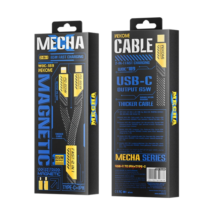 WK WDC-189 Armor Series 2 in 1 65W USB-C/Type-C to USB-C/Type-C+8 Pin Magnetic Data Cable, Length: 1.2m(Yellow) - free shipping - PMC TechLife - Order now!
