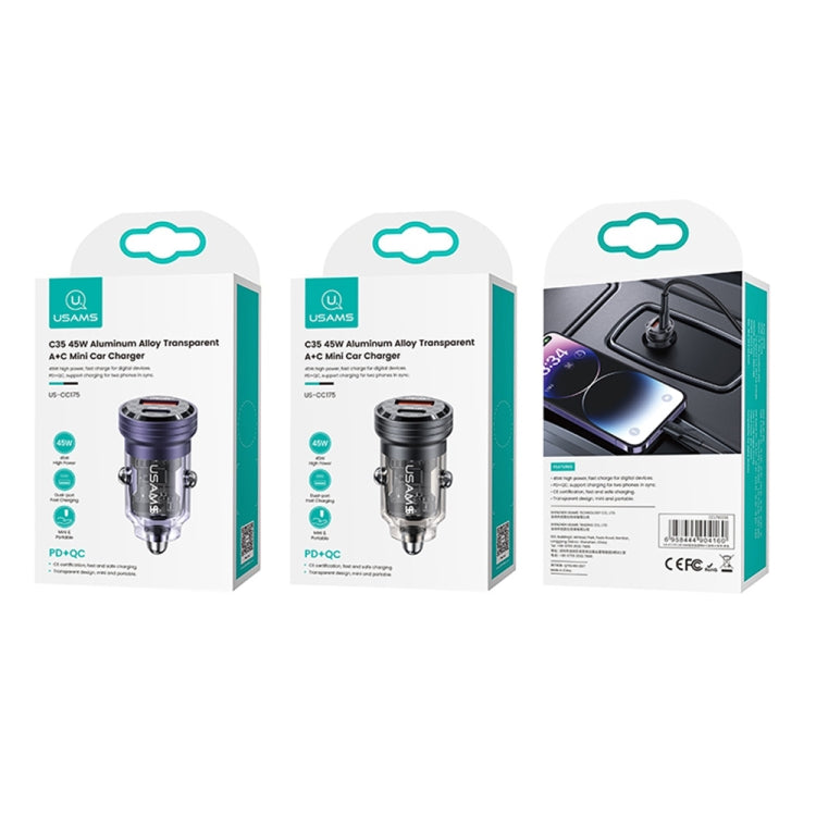 USAMS US-CC175 C35 45W Aluminum Alloy Transparent Dual USB Port Mini Car Charger (Black)