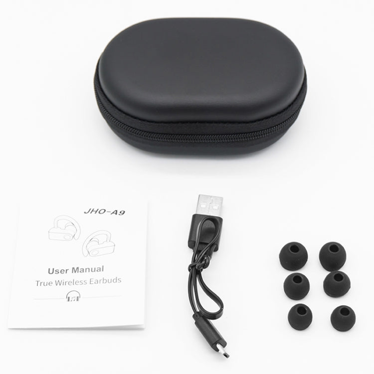 JHO-A9 TWS Wireless Hanging Ear Type Bluetooth Earphone with Charging + Storage Integrated Zipper Bag, Support Voice Control(Black)
