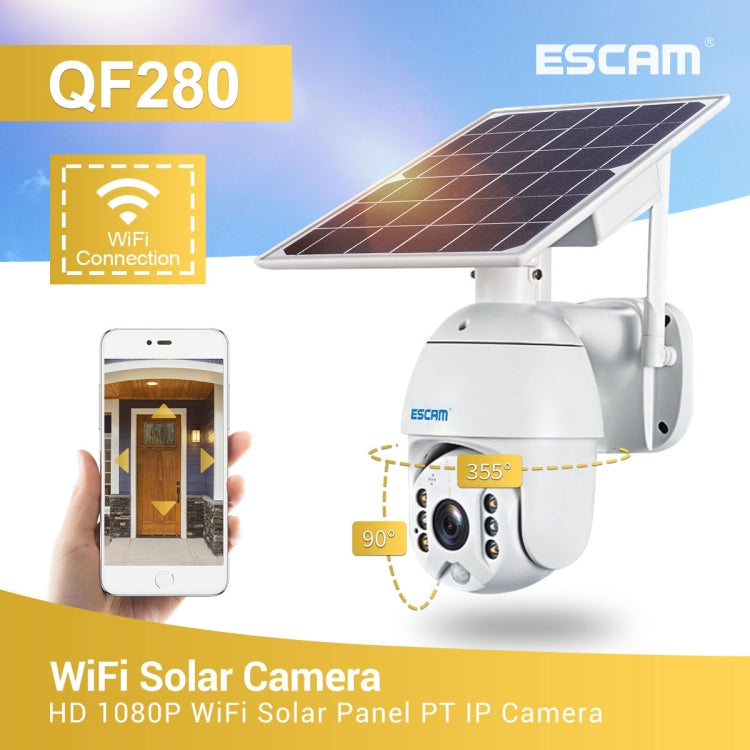 ESCAM QF280 HD 1080P IP66 Waterproof WiFi Solar Panel PT IP Camera without Battery, Support Night Vision / Motion Detection / TF Card / Two Way Audio (White) - free shipping - PMC Jewellery - Order now!