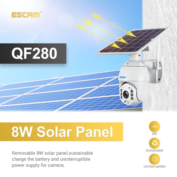 ESCAM QF280 HD 1080P IP66 Waterproof WiFi Solar Panel PT IP Camera without Battery, Support Night Vision / Motion Detection / TF Card / Two Way Audio (White) - free shipping - PMC Jewellery - Order now!