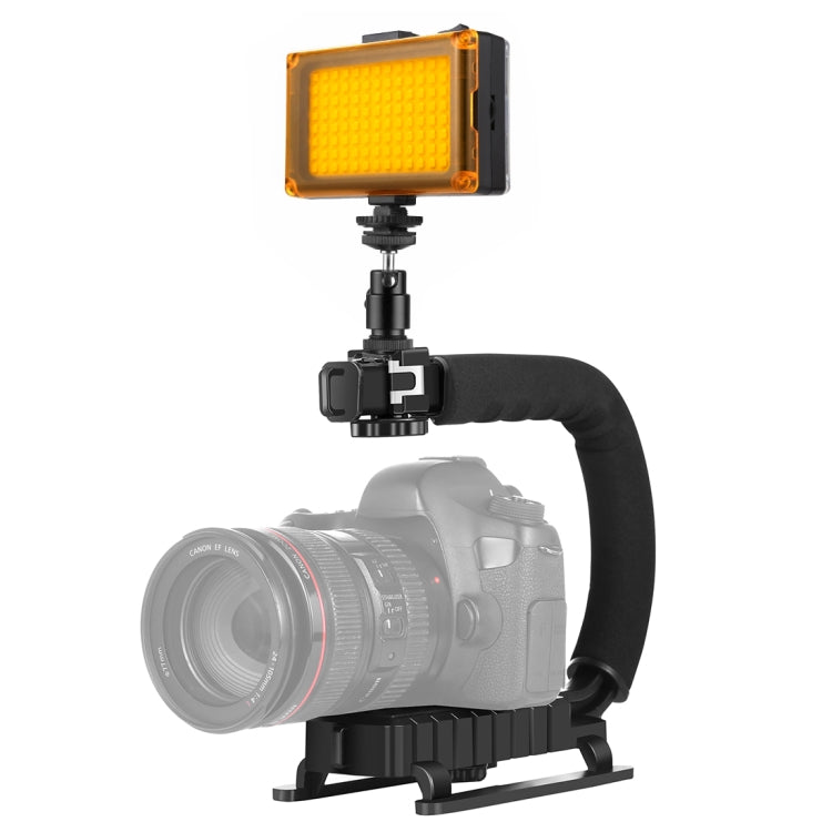 PULUZ U/C Shape Portable Handheld DV Bracket Stabilizer + LED Studio Light Kit with Cold Shoe Tripod Head for All SLR Cameras and Home DV Camera