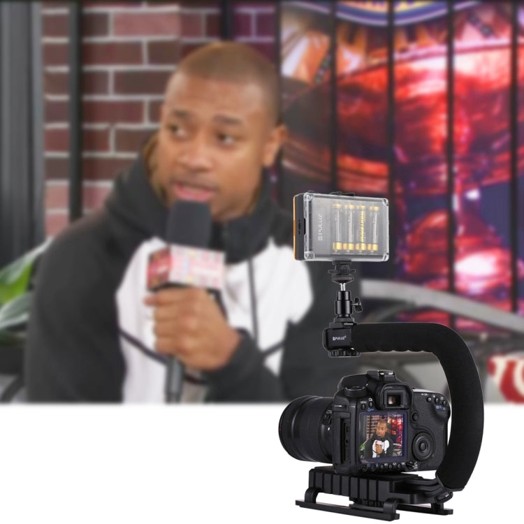 PULUZ U/C Shape Portable Handheld DV Bracket Stabilizer + LED Studio Light Kit with Cold Shoe Tripod Head for All SLR Cameras and Home DV Camera