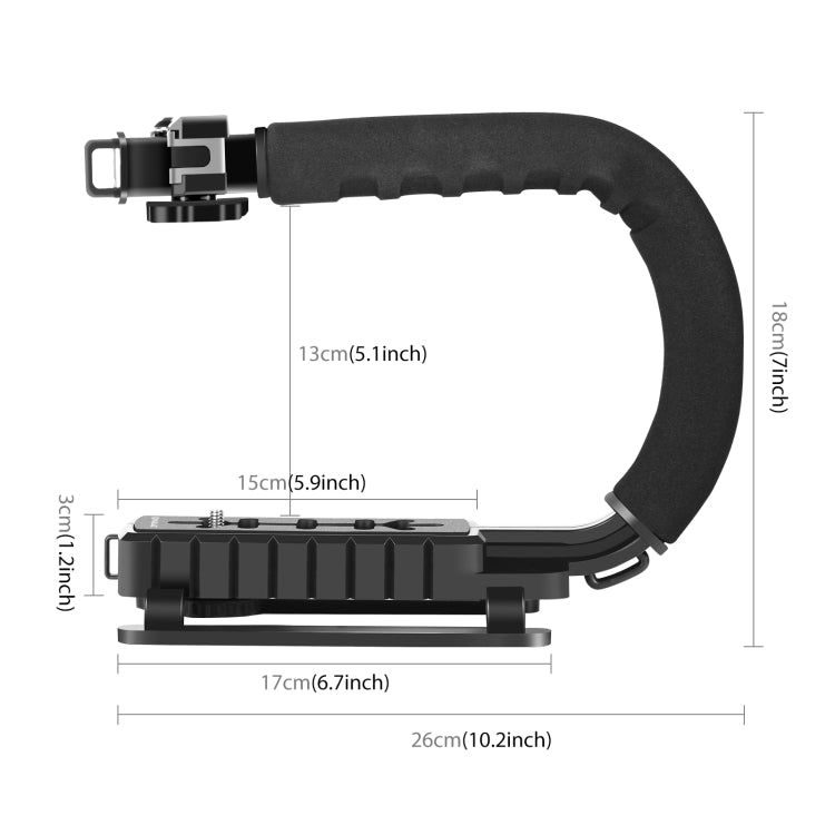 PULUZ U/C Shape Portable Handheld DV Bracket Stabilizer + LED Studio Light Kit with Cold Shoe Tripod Head for All SLR Cameras and Home DV Camera