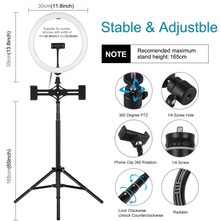 PULUZ 11.8 inch 30cm Light + 1.65m Tripod + Dual Phone Bracket Curved Surface USB 3 Modes Dimmable Dual Color Temperature LED Ring Vlogging Video Light Live Broadcast Kits with Phone Clamp(Black)