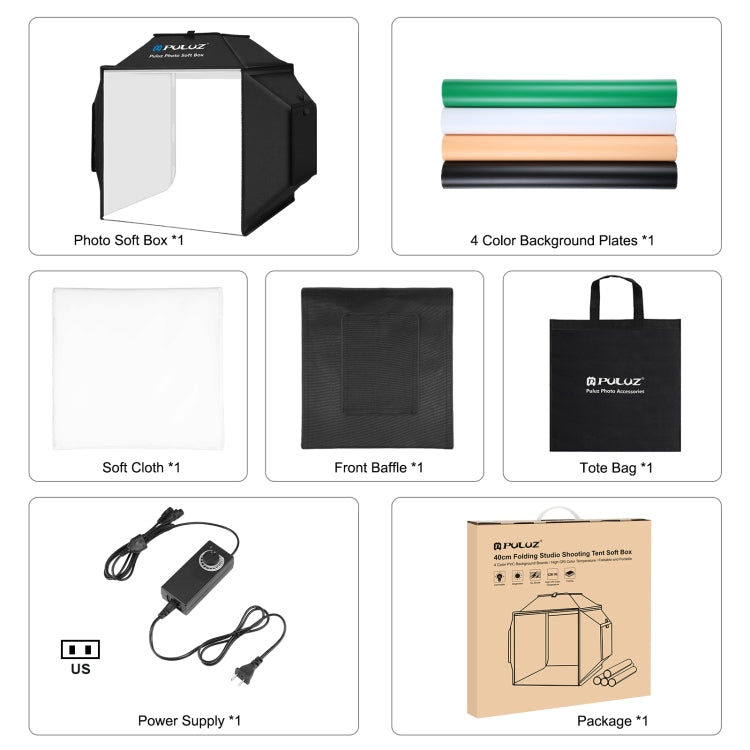 PULUZ 40cm Folding 72W 5500K Studio Shooting Tent Soft Box Photography Lighting Kit with 4 Colors (Black, Orange, White, Green) Backdrops(US Plug) - free shipping - PMC Jewellery - Order now!