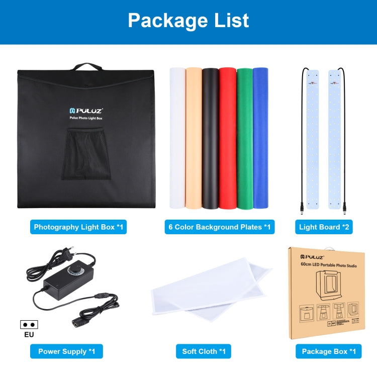PULUZ Photo Studio Light Box Portable 60 x 60 x 60 cm Light Tent LED 5500K White Light Dimmable Mini 36W Photography Studio Tent Kit with 6 Removable Backdrops (Black Orange White Green Blue Red)(EU Plug) - free shipping - PMC Jewellery - Order now!